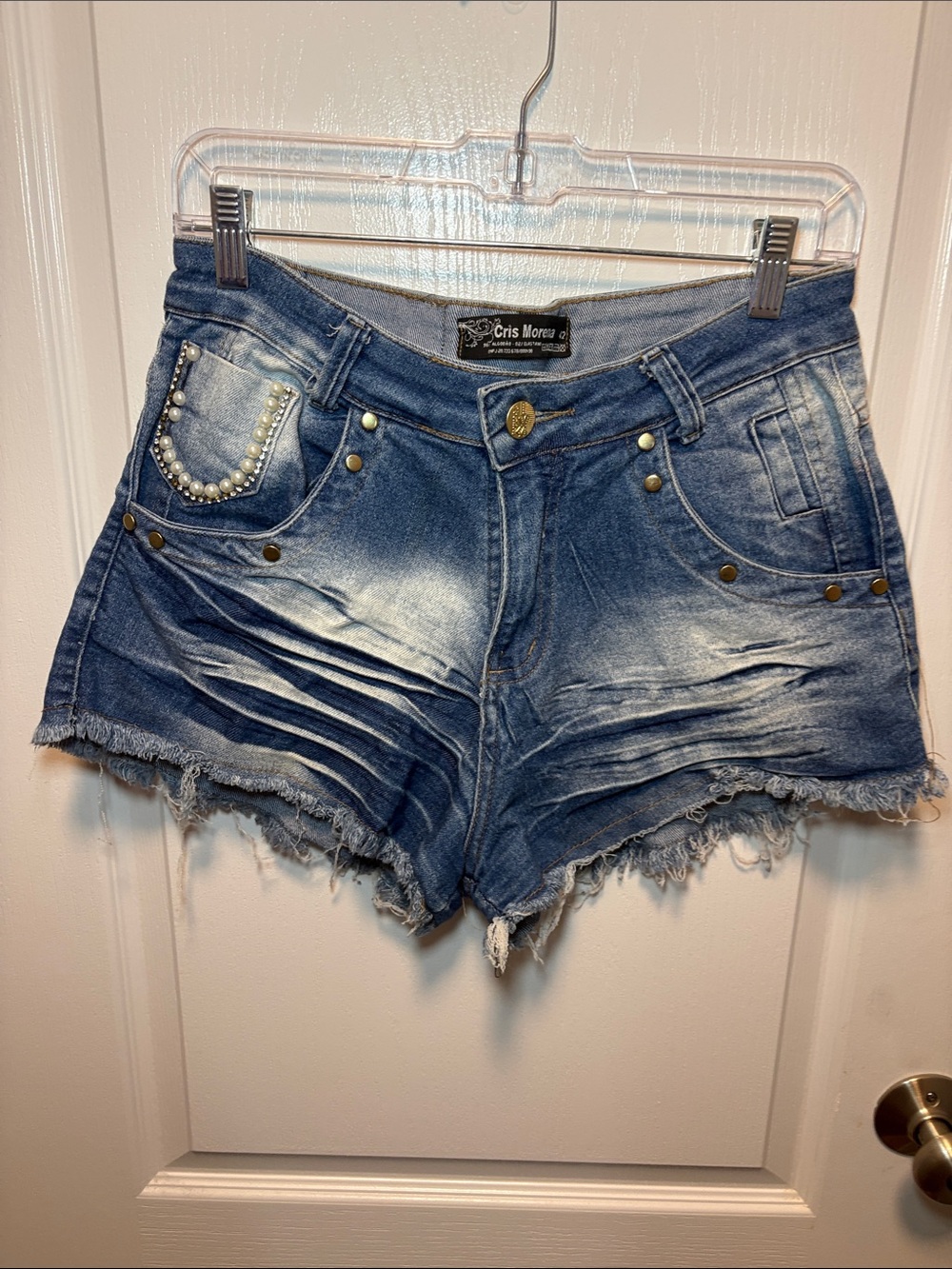 Distressed Blue Pearl-Accent Denim Shorts